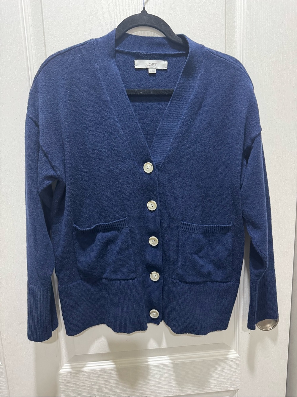 LOFT Navy Blue Button Front Cardigan Sweater Pockets Cotton Blend Size M